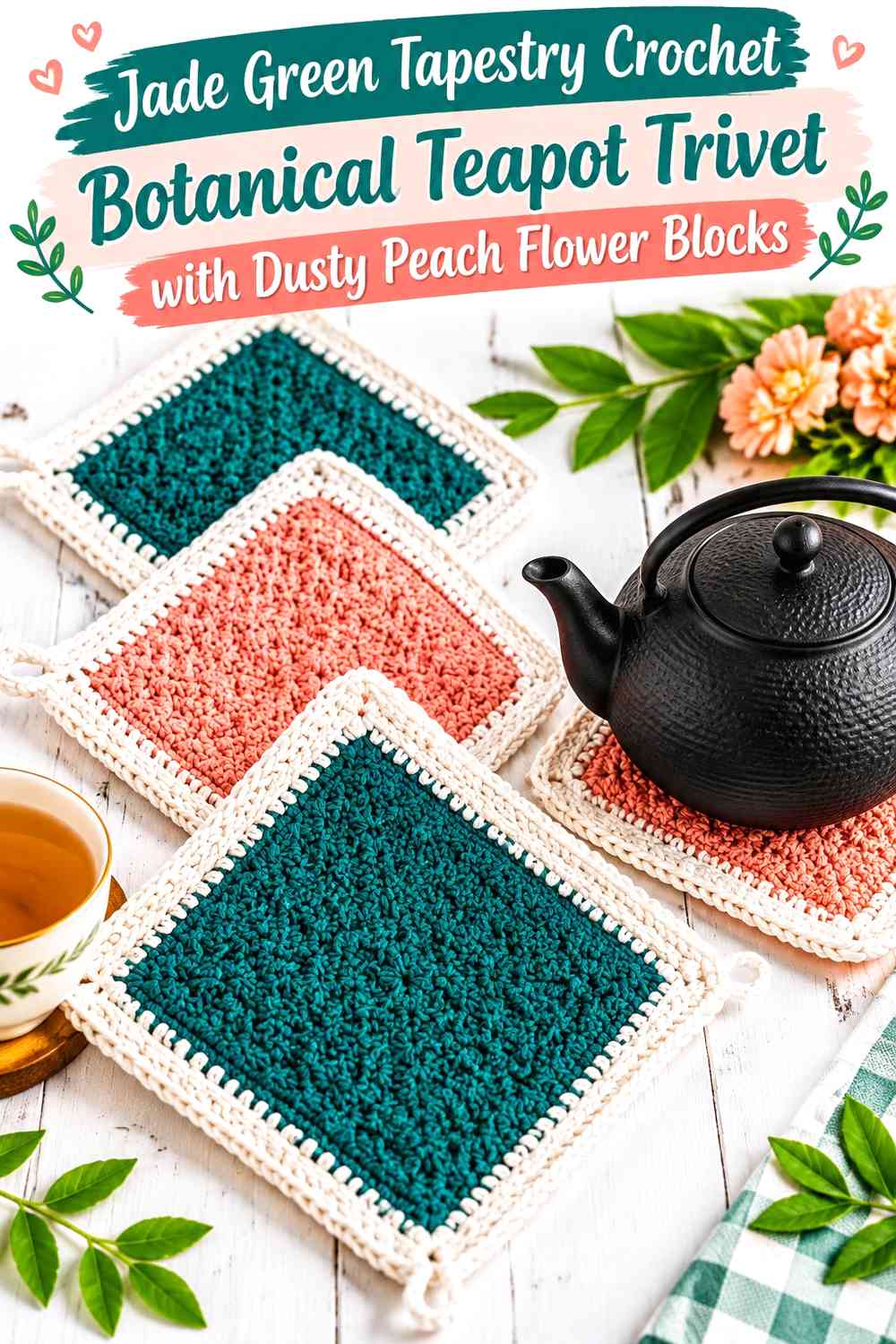 Jade Green Tapestry Crochet Botanical Teapot Trivet with Dusty Peach Flower Blocks