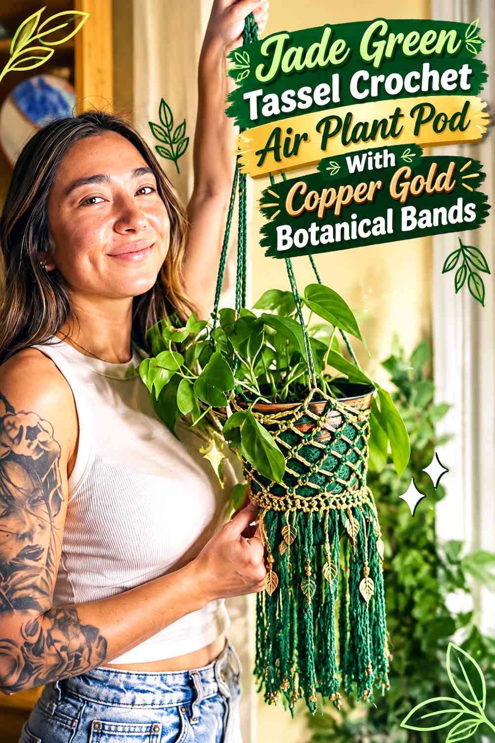 Jade Green Tassel Crochet Air Plant Pod With Copper Gold Botanical Bands