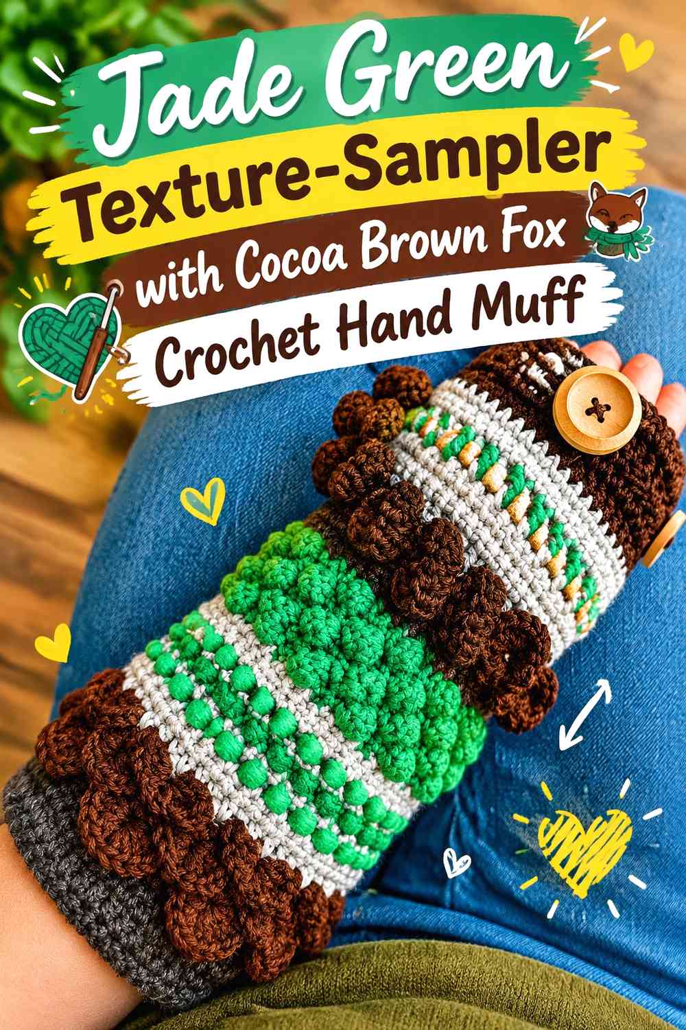 Jade Green Texture-Sampler with Cocoa Brown Fox Crochet Hand Muff