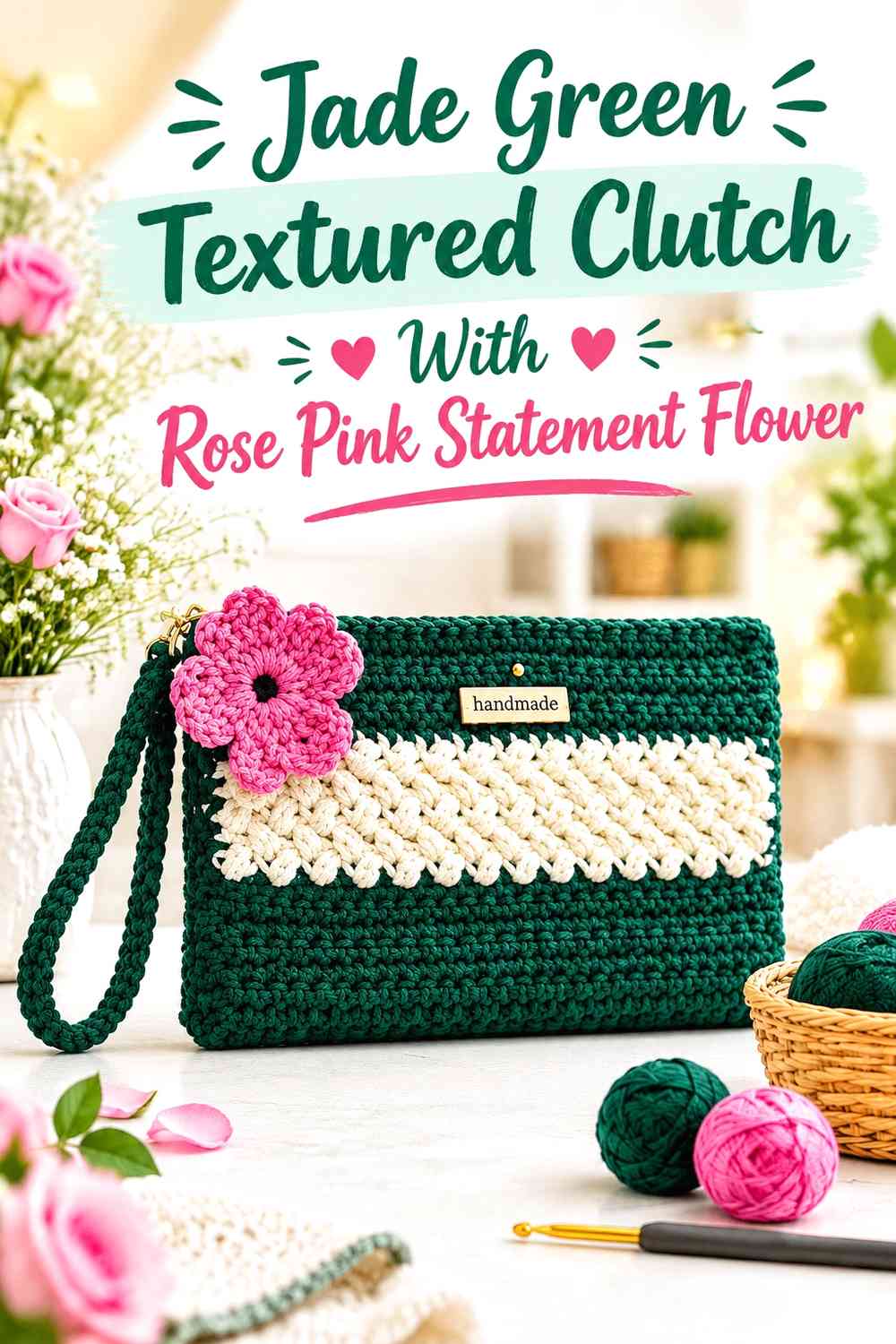 Jade Green Textured Clutch With Rose Pink Statement Flower