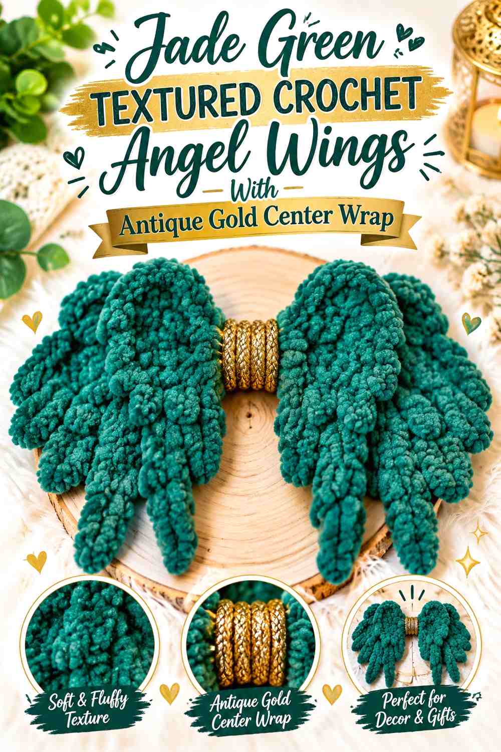 Jade Green Textured Crochet Angel Wings With Antique Gold Center Wrap
