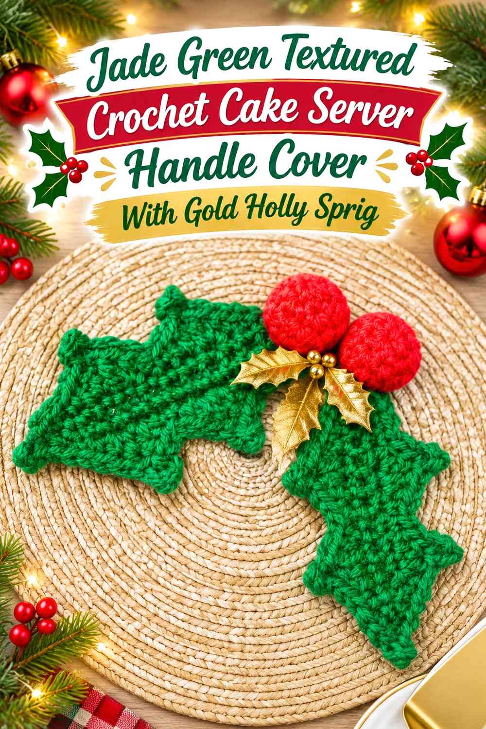 Jade Green Textured Crochet Cake Server Handle Cover With Gold Holly Sprig
