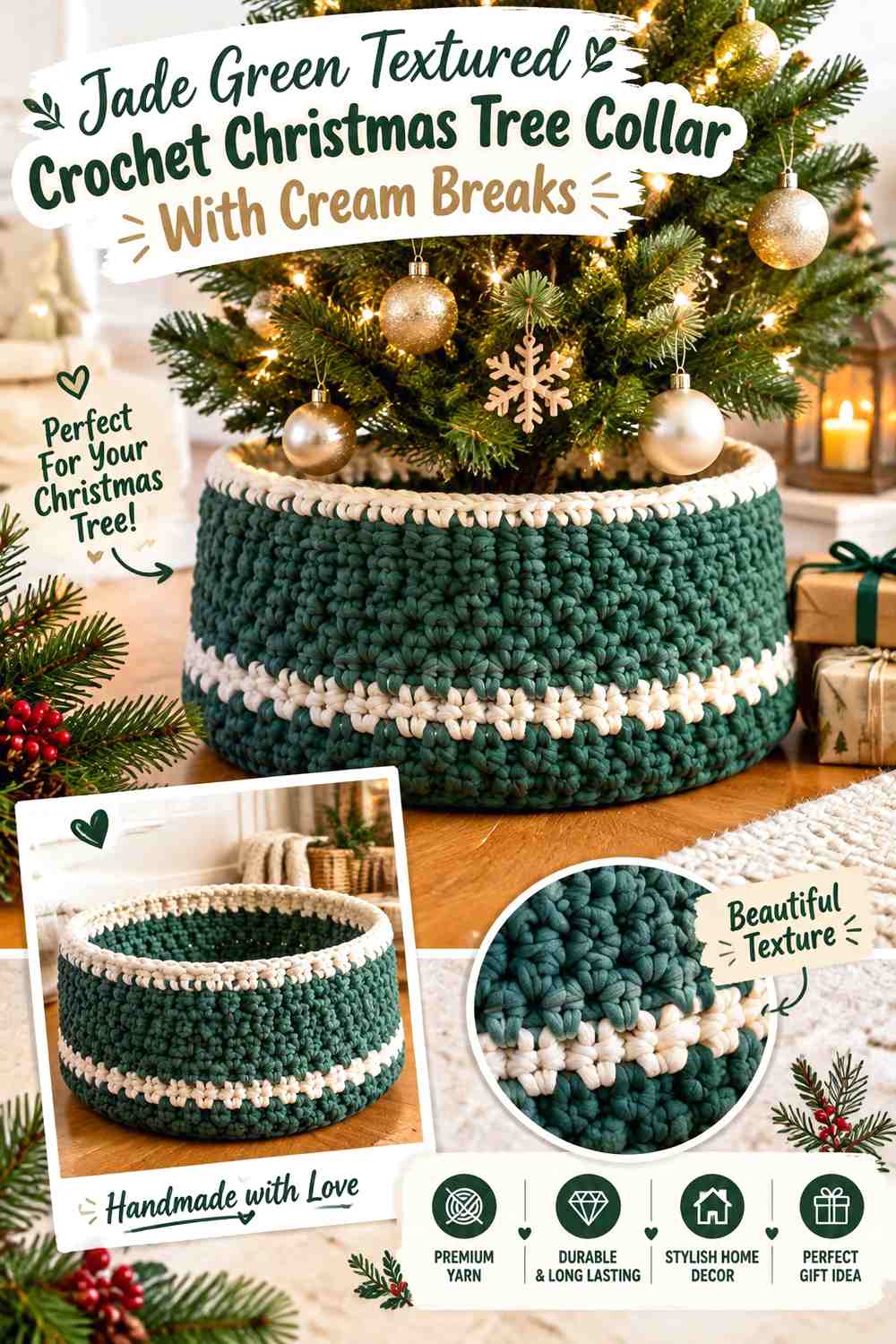 Jade Green Textured Crochet Christmas Tree Collar With Cream Breaks