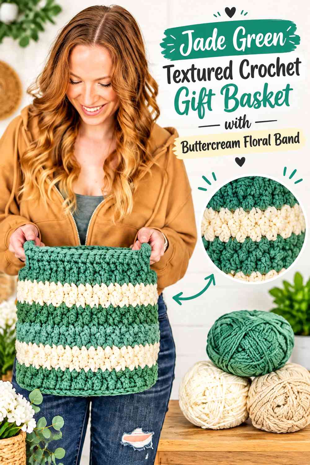 Jade Green Textured Crochet Gift Basket with Buttercream Floral Band