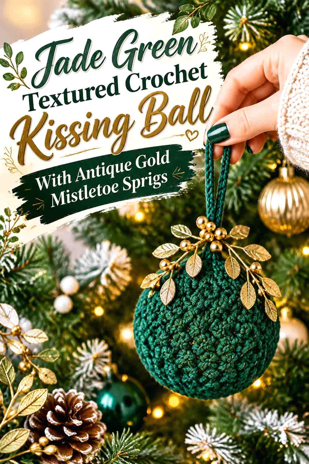 Jade Green Textured Crochet Kissing Ball With Antique Gold Mistletoe Sprigs