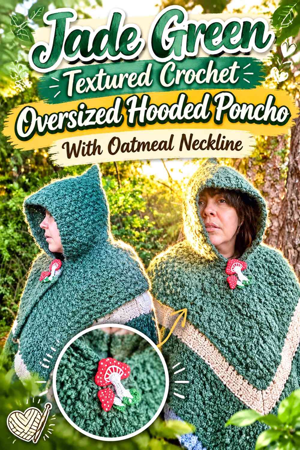 Jade Green Textured Crochet Oversized Hooded Poncho With Oatmeal Neckline