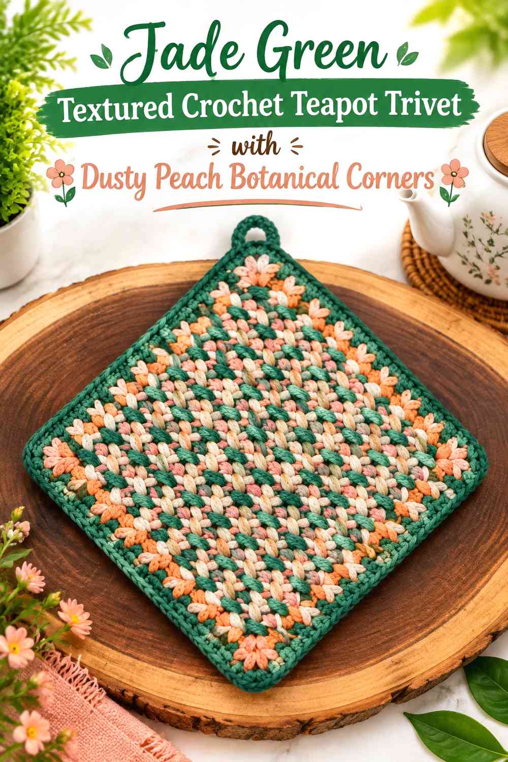 Jade Green Textured Crochet Teapot Trivet with Dusty Peach Botanical Corners