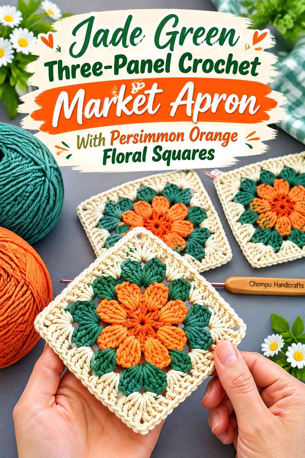 Jade Green Three-Panel Crochet Market Apron With Persimmon Orange Floral Squares