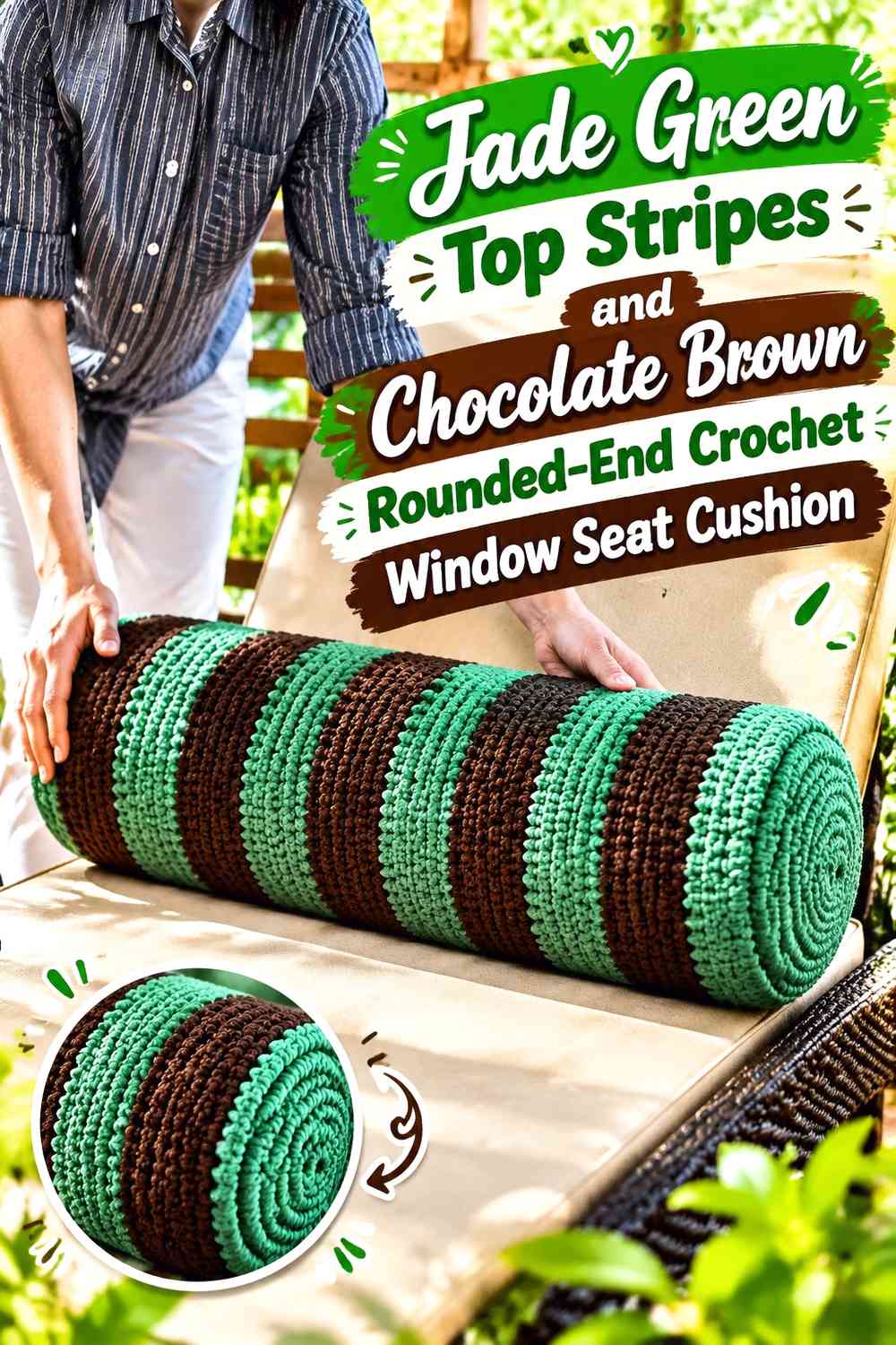 Jade Green Top Stripes and Chocolate Brown Rounded-End Crochet Window Seat Cushion