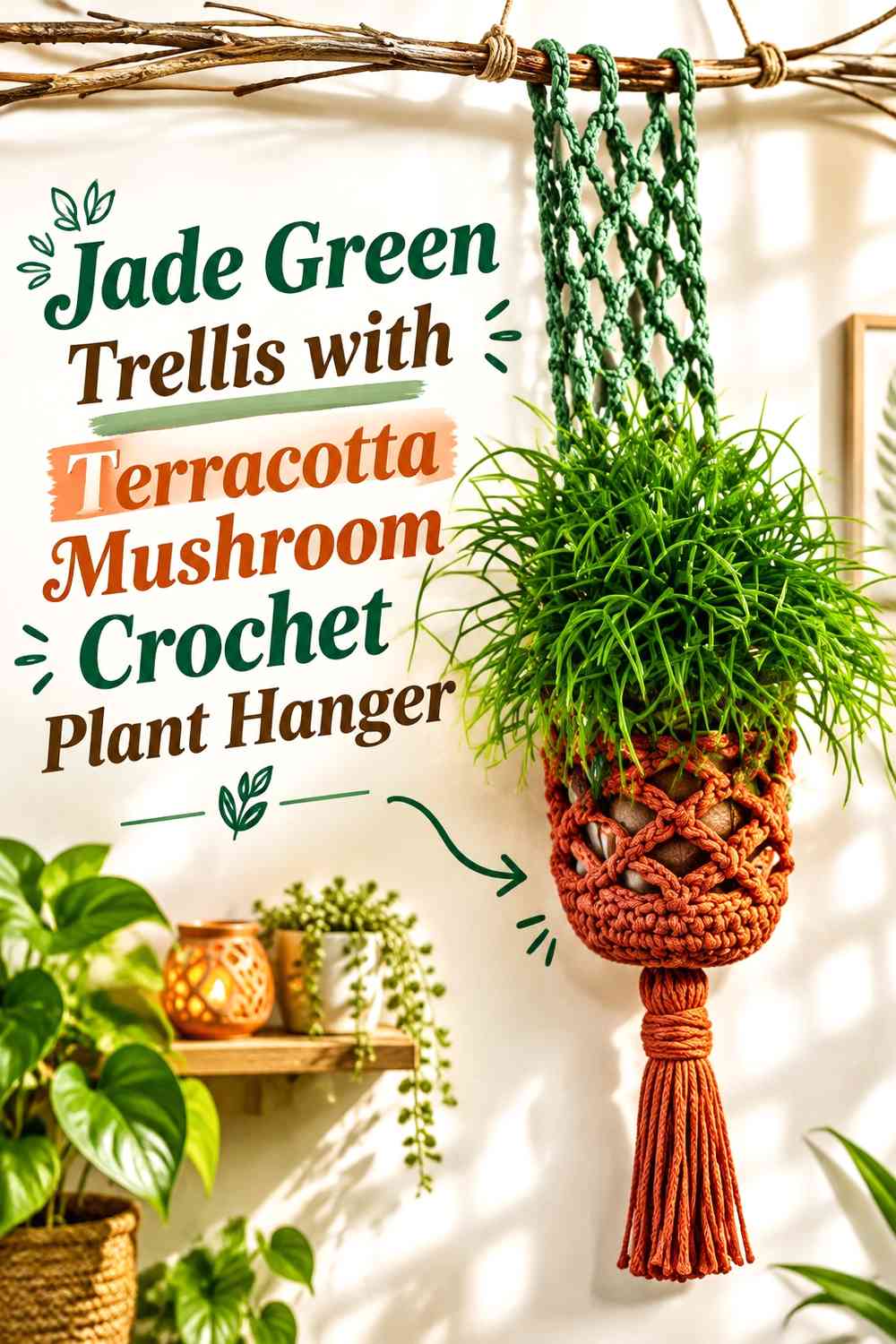 Jade Green Trellis with Terracotta Mushroom Crochet Plant Hanger