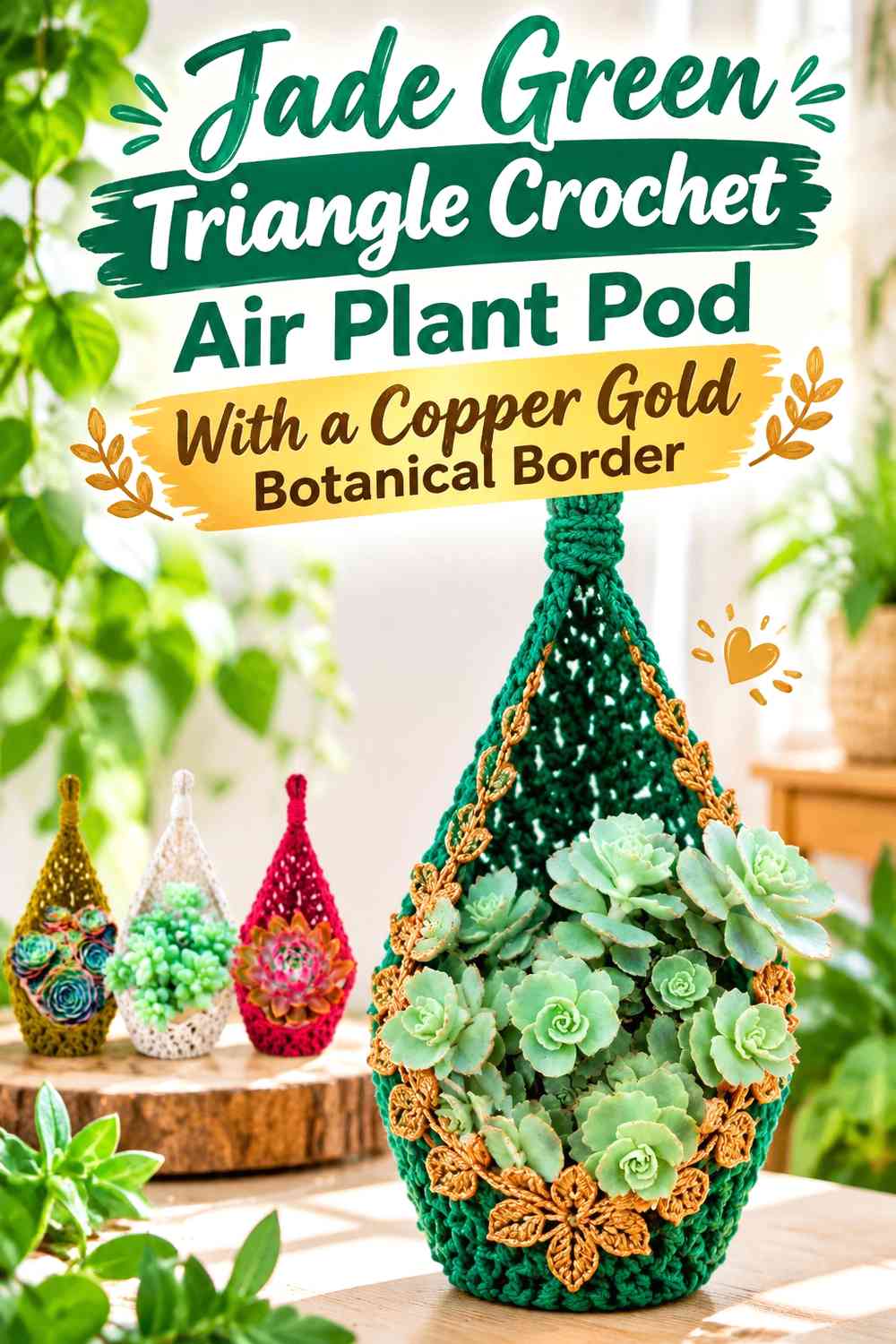 Jade Green Triangle Crochet Air Plant Pod With a Copper Gold Botanical Border