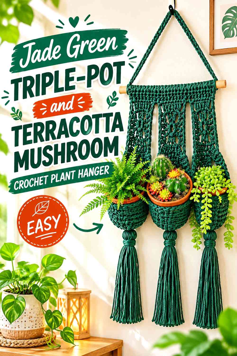 Jade Green Triple-Pot and Terracotta Mushroom Crochet Plant Hanger