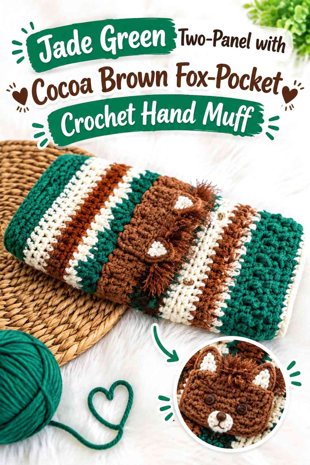 Jade Green Two-Panel with Cocoa Brown Fox-Pocket Crochet Hand Muff
