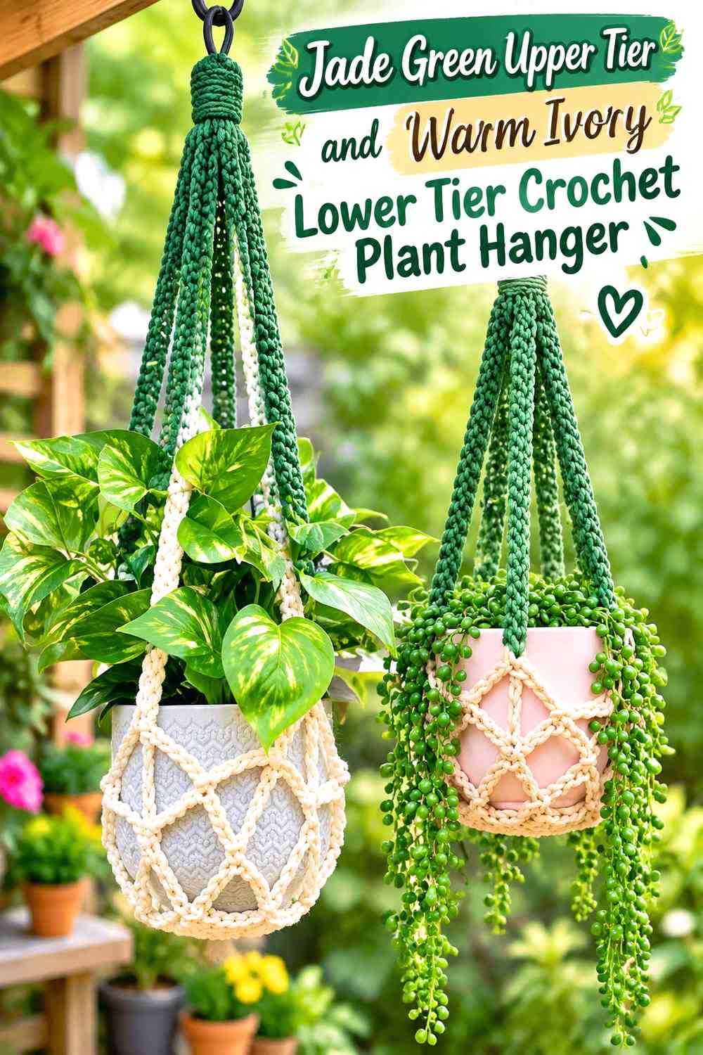 Jade Green Upper Tier and Warm Ivory Lower Tier Crochet Plant Hanger