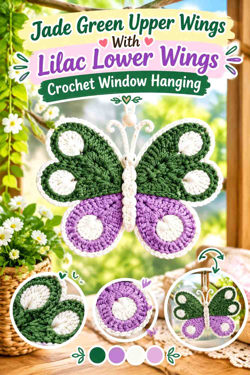 Jade Green Upper Wings With Lilac Lower Wings Crochet Window Hanging