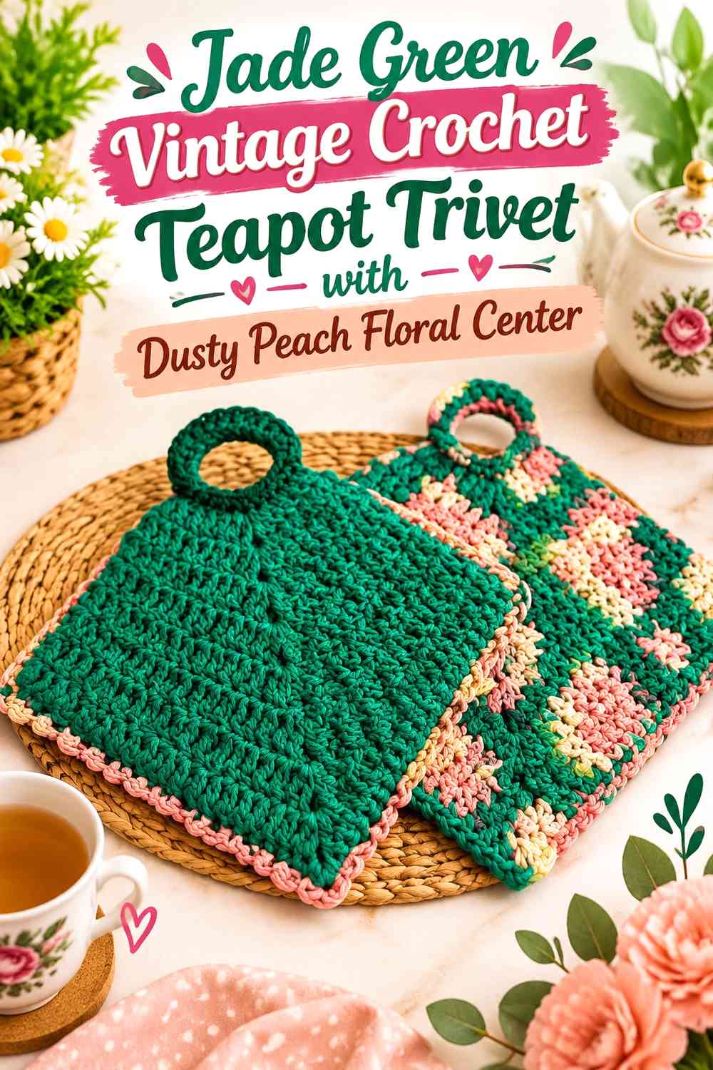 Jade Green Vintage Crochet Teapot Trivet with Dusty Peach Floral Center