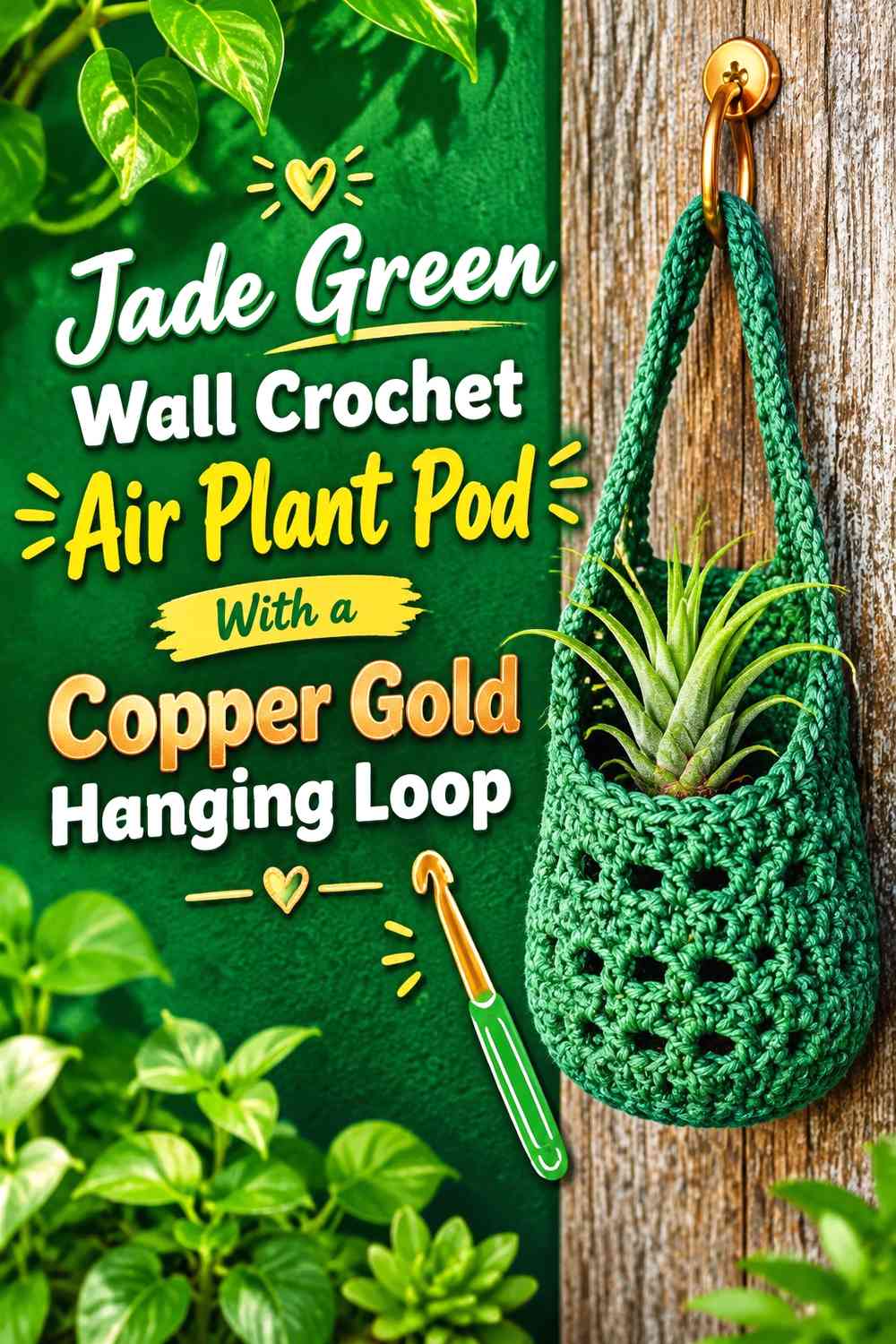 Jade Green Wall Crochet Air Plant Pod With a Copper Gold Hanging Loop