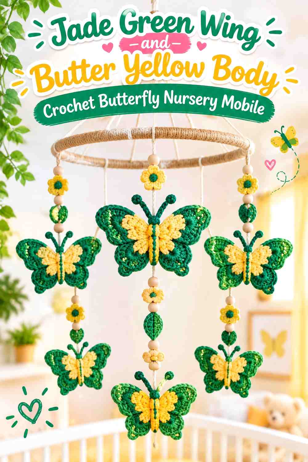 Jade Green Wing and Butter Yellow Body Crochet Butterfly Nursery Mobile
