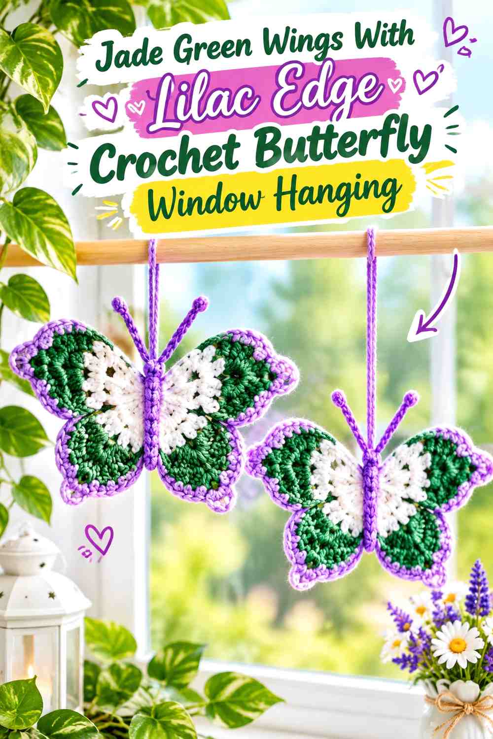 Jade Green Wings With Lilac Edge Crochet Butterfly Window Hanging