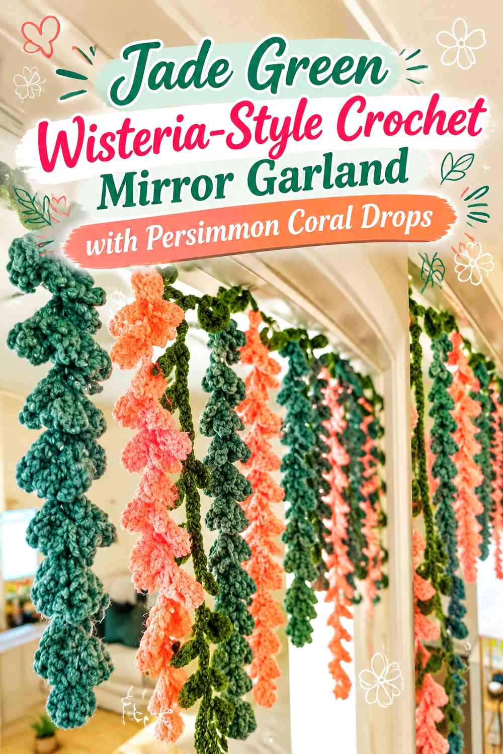 Jade Green Wisteria-Style Crochet Mirror Garland with Persimmon Coral Drops