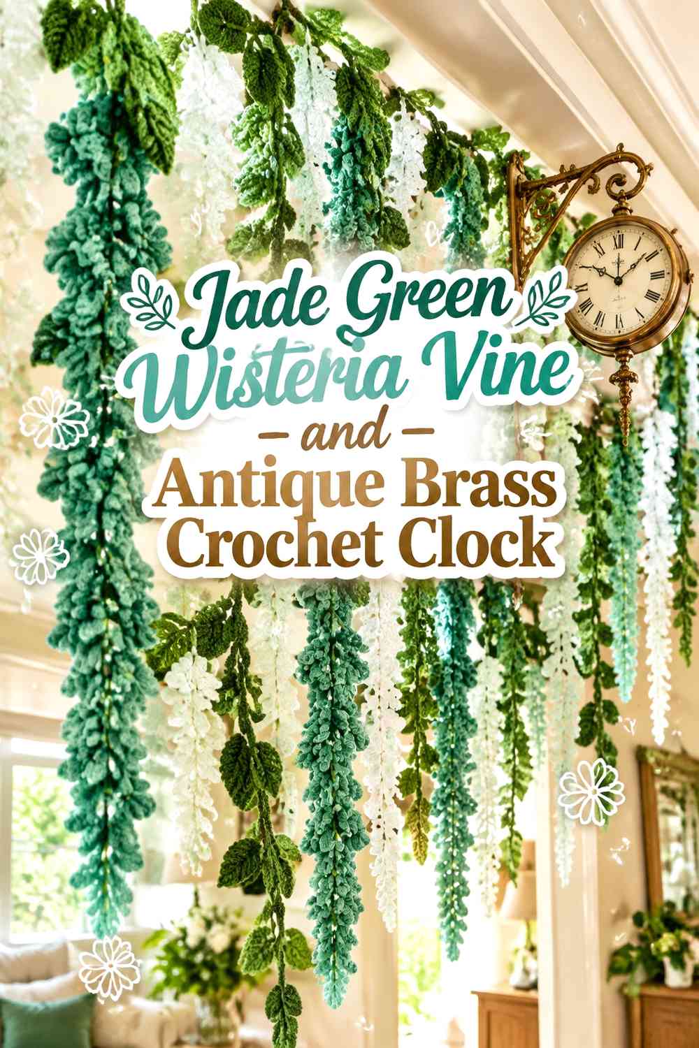 Jade Green Wisteria Vine and Antique Brass Crochet Clock