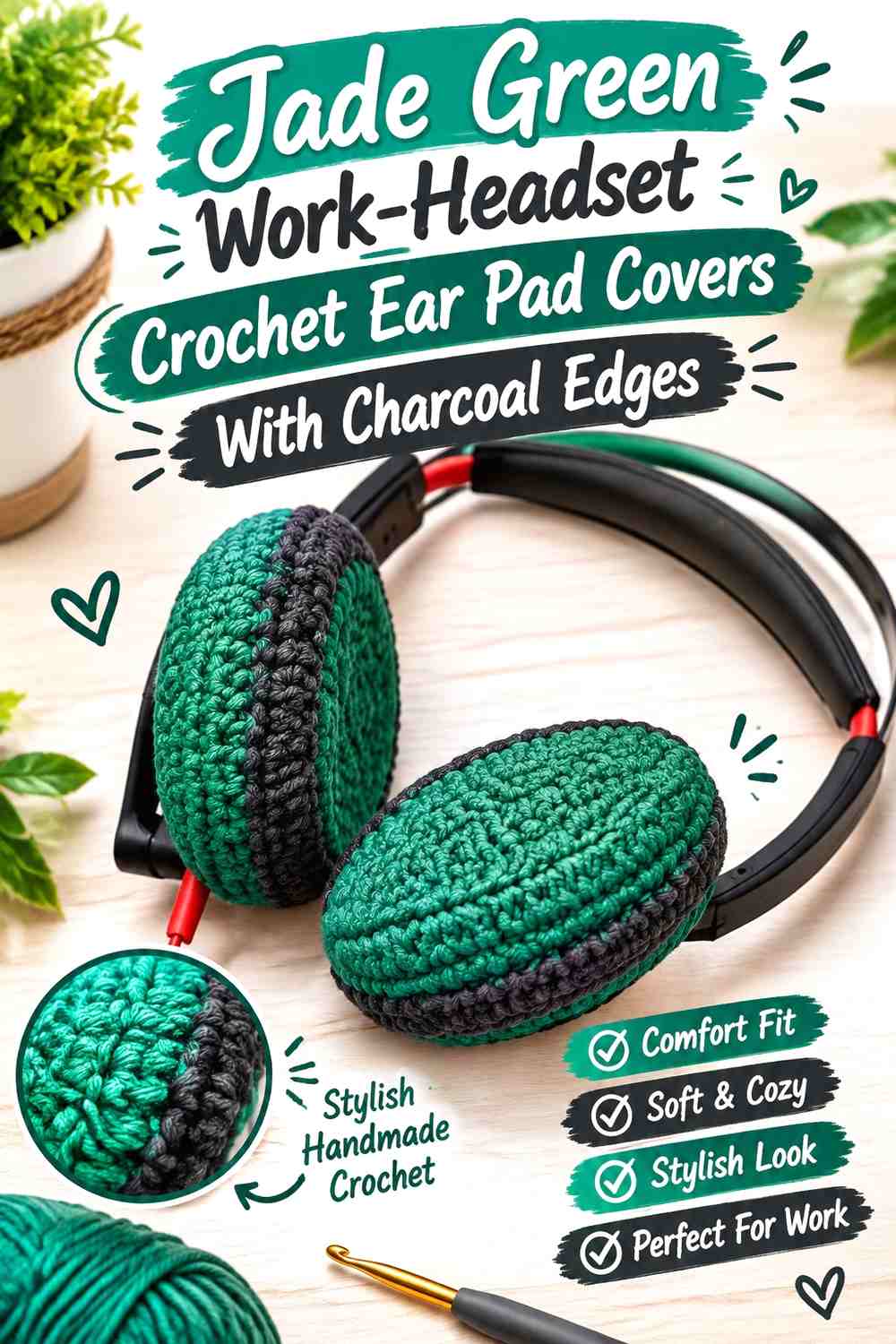 Jade Green Work-Headset Crochet Ear Pad Covers With Charcoal Edges