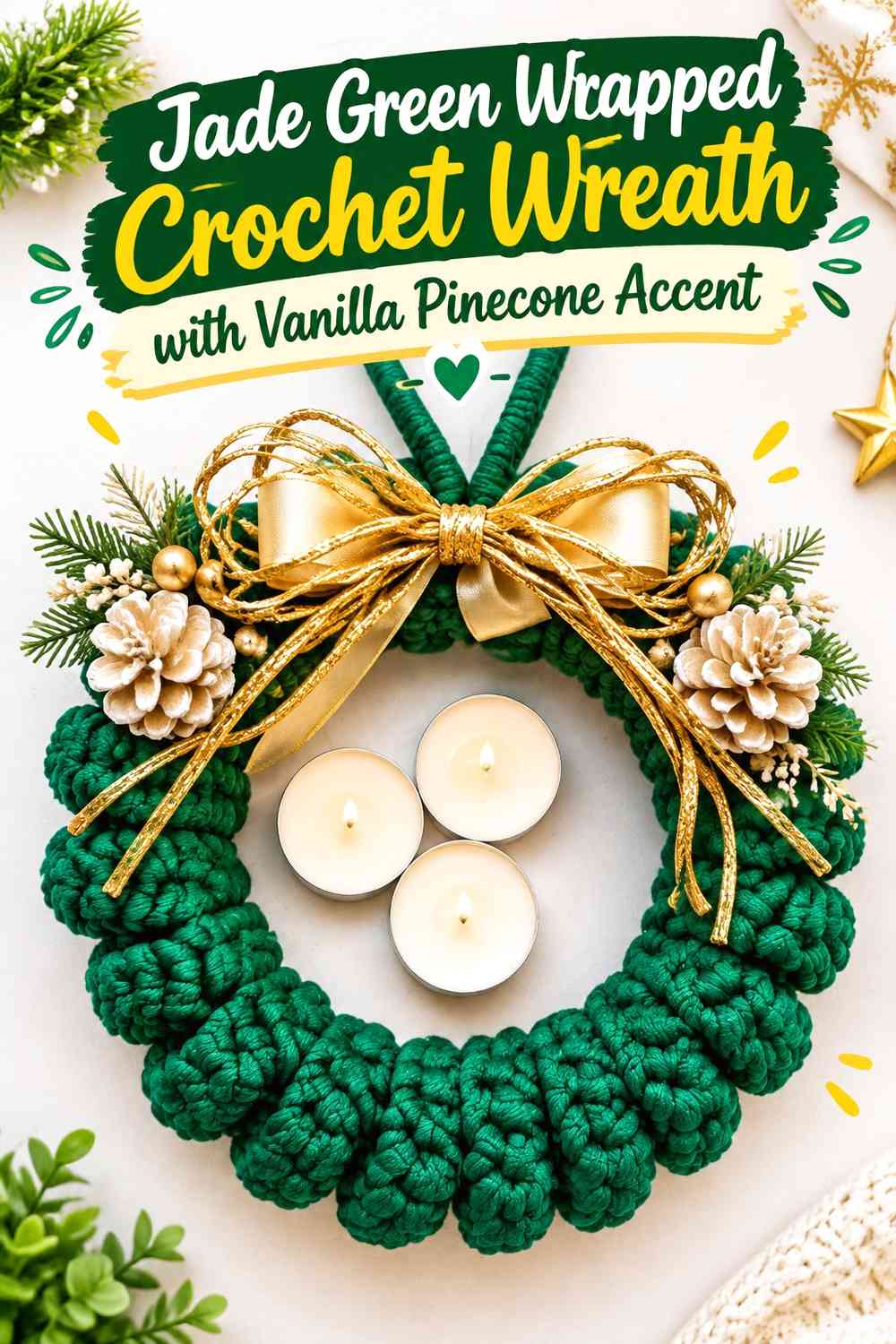 Jade Green Wrapped Crochet Wreath with Vanilla Pinecone Accent