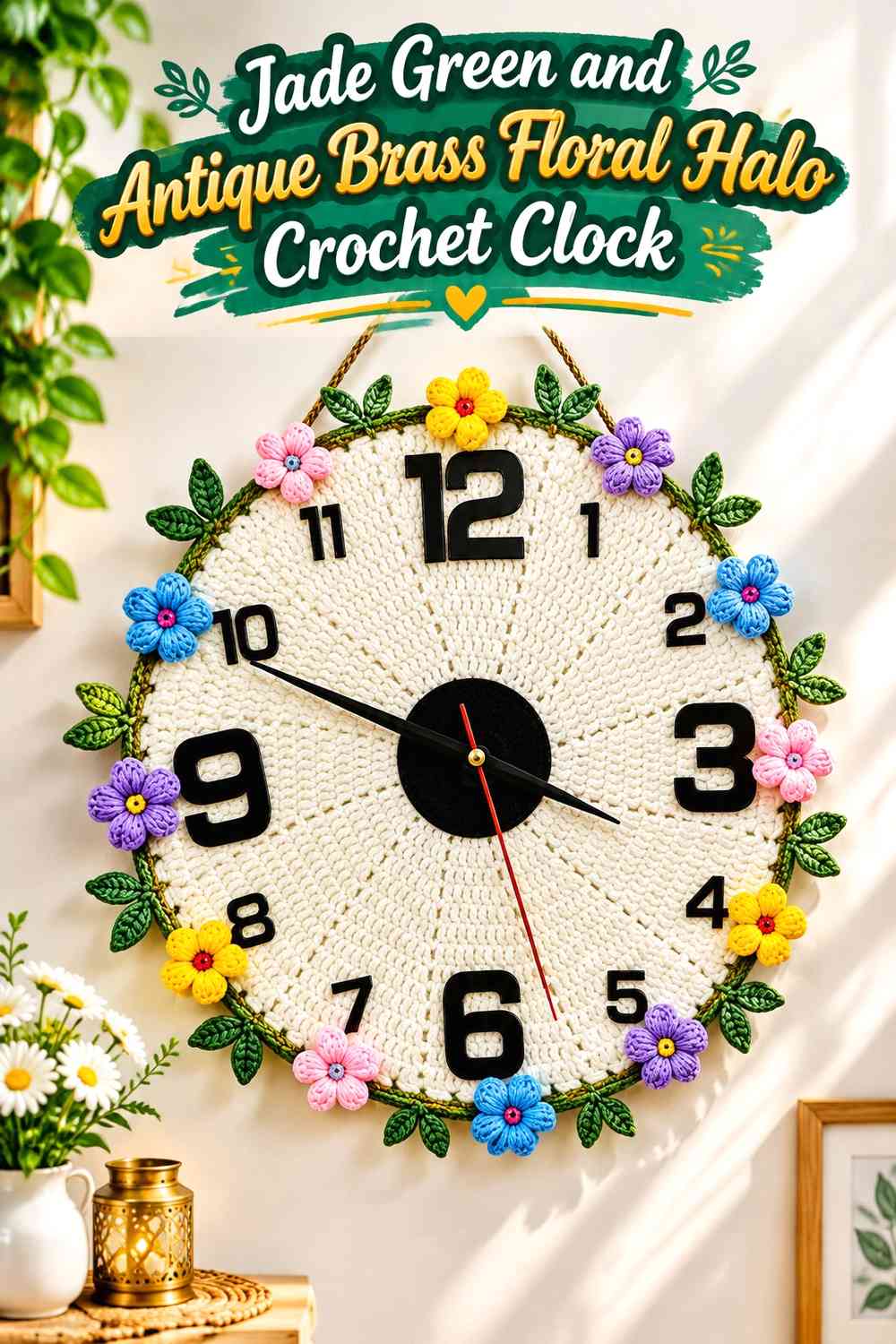 Jade Green and Antique Brass Floral Halo Crochet Clock