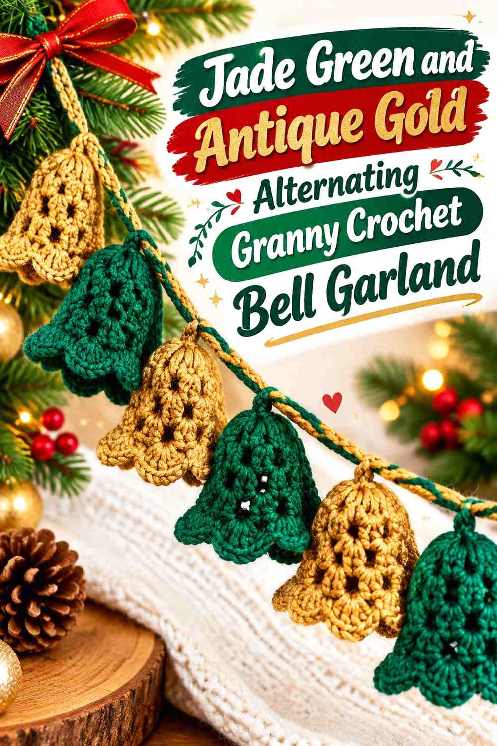 Jade Green and Antique Gold Alternating Granny Crochet Bell Garland