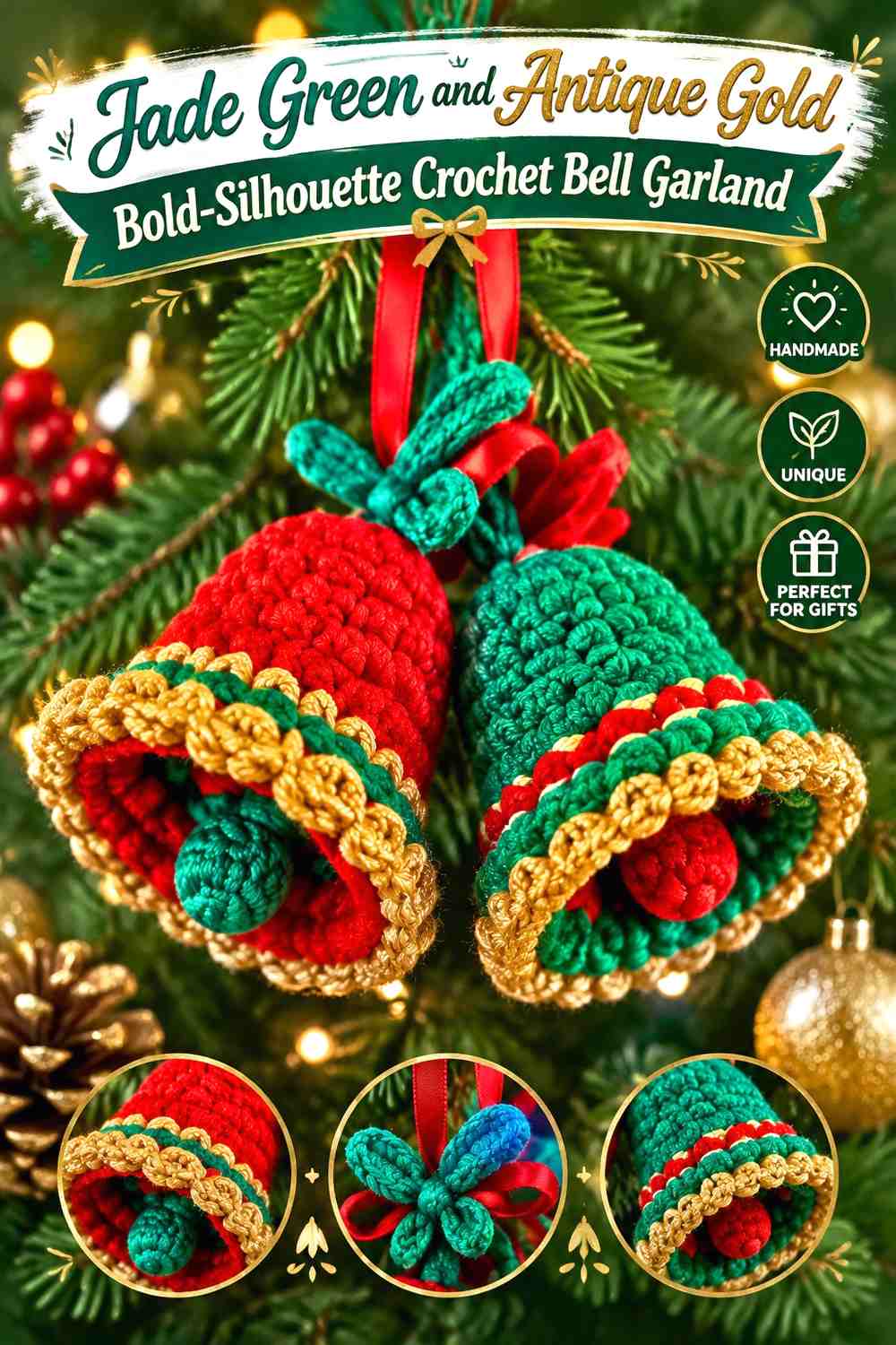 Jade Green and Antique Gold Bold-Silhouette Crochet Bell Garland