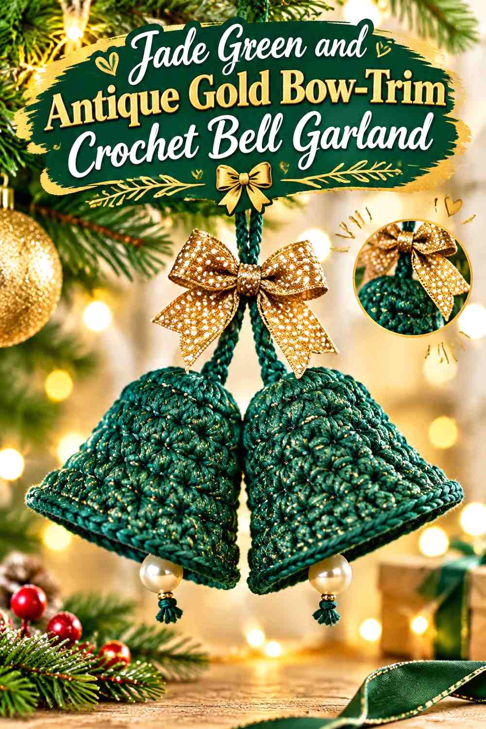 Jade Green and Antique Gold Bow-Trim Crochet Bell Garland