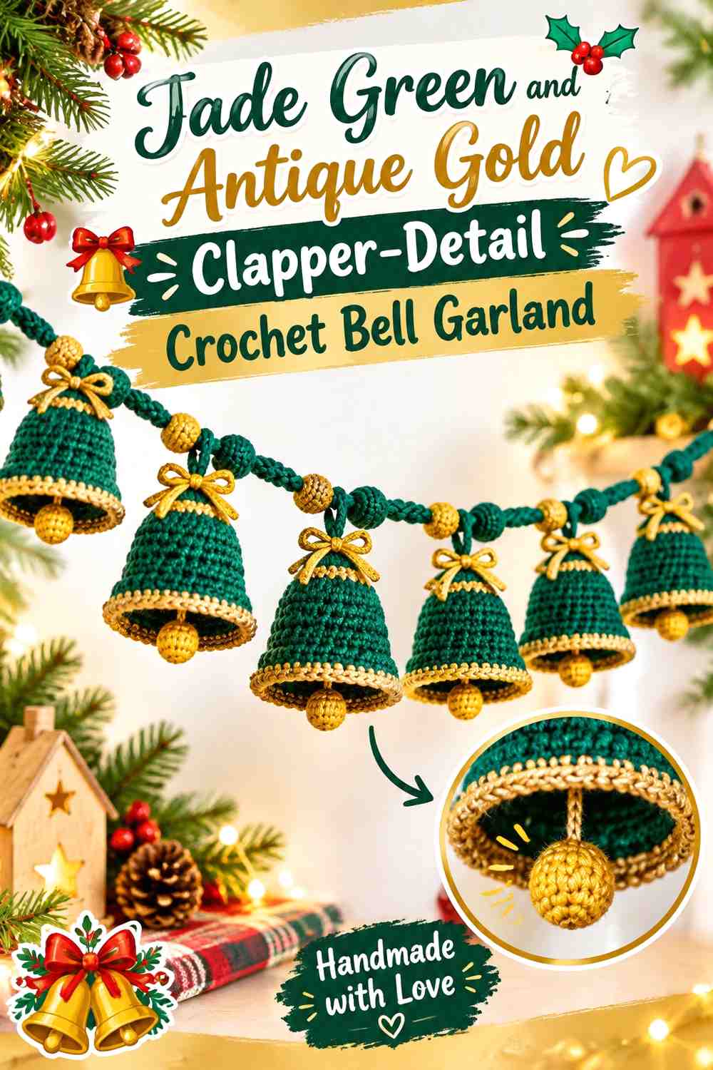 Jade Green and Antique Gold Clapper-Detail Crochet Bell Garland
