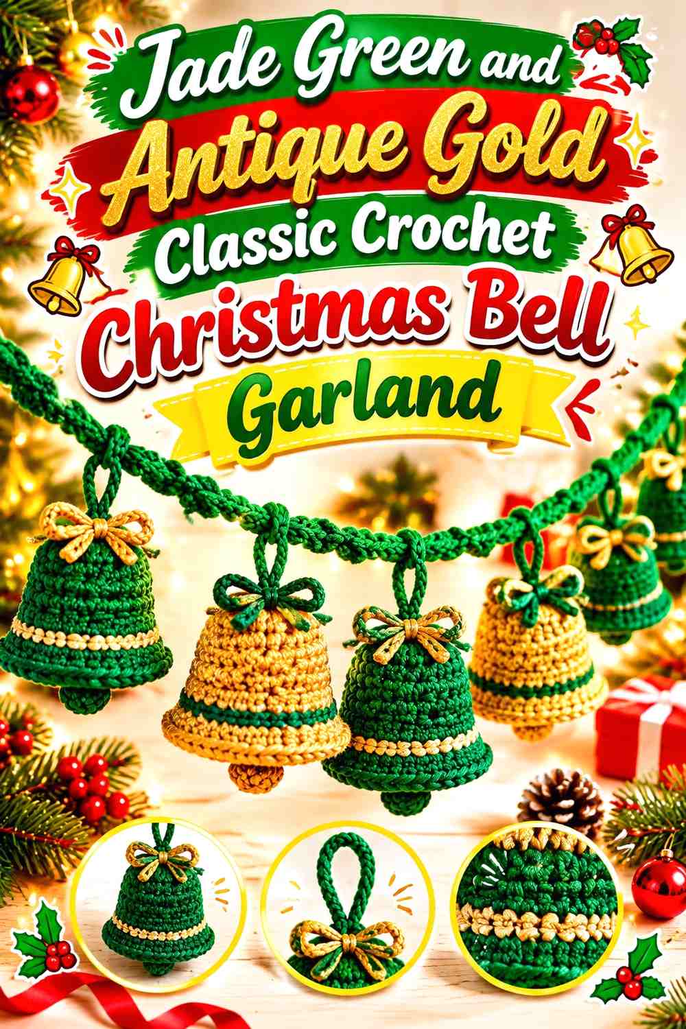 Jade Green and Antique Gold Classic Crochet Christmas Bell Garland