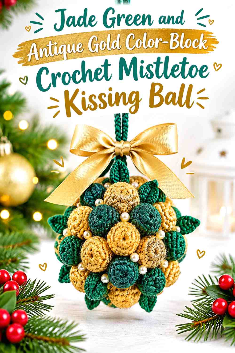 Jade Green and Antique Gold Color-Block Crochet Mistletoe Kissing Ball