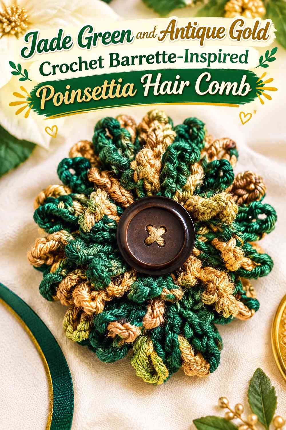 Jade Green and Antique Gold Crochet Barrette-Inspired Poinsettia Hair Comb