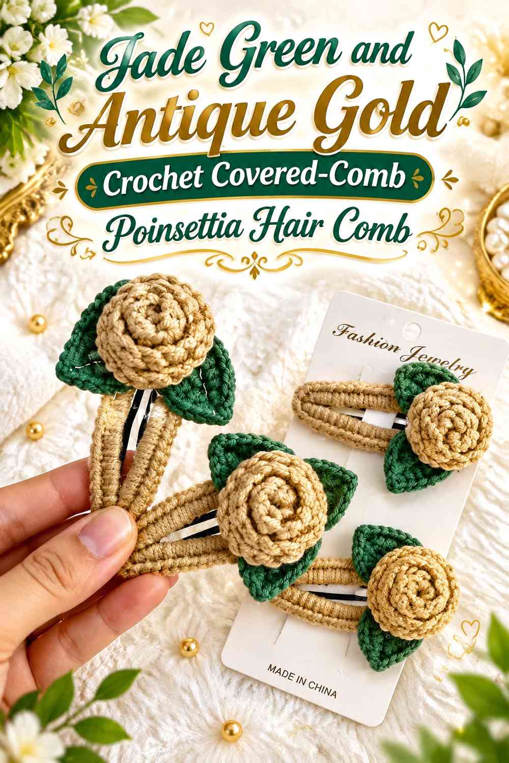 Jade Green and Antique Gold Crochet Covered-Comb Poinsettia Hair Comb