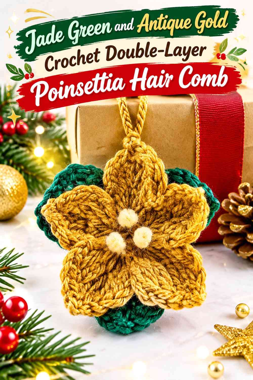 Jade Green and Antique Gold Crochet Double-Layer Poinsettia Hair Comb