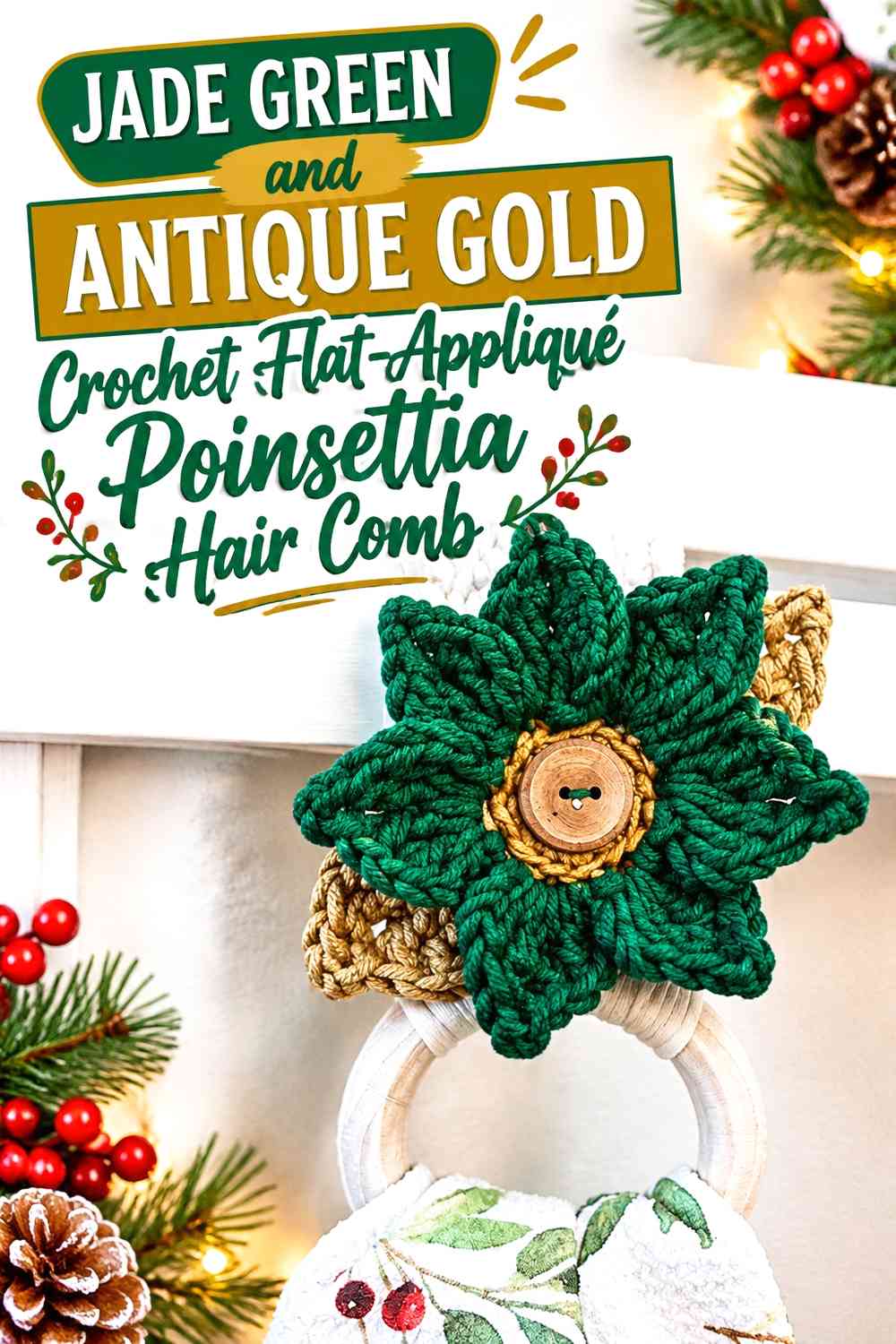 Jade Green and Antique Gold Crochet Flat-Appliqué Poinsettia Hair Comb