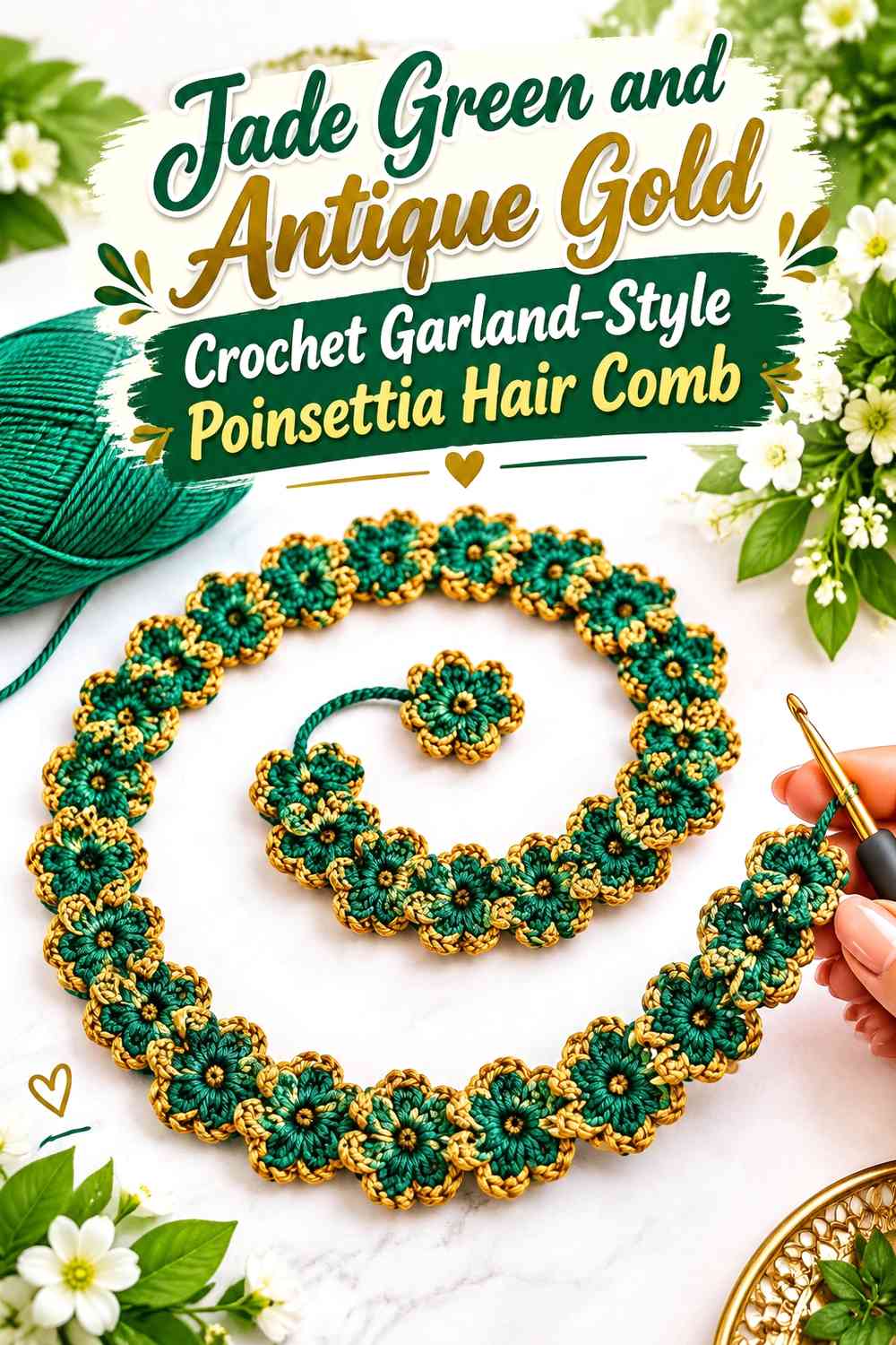 Jade Green and Antique Gold Crochet Garland-Style Poinsettia Hair Comb