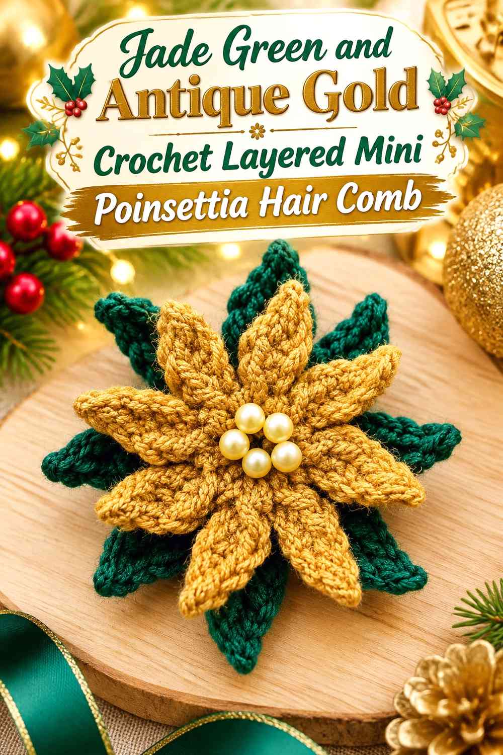 Jade Green and Antique Gold Crochet Layered Mini Poinsettia Hair Comb