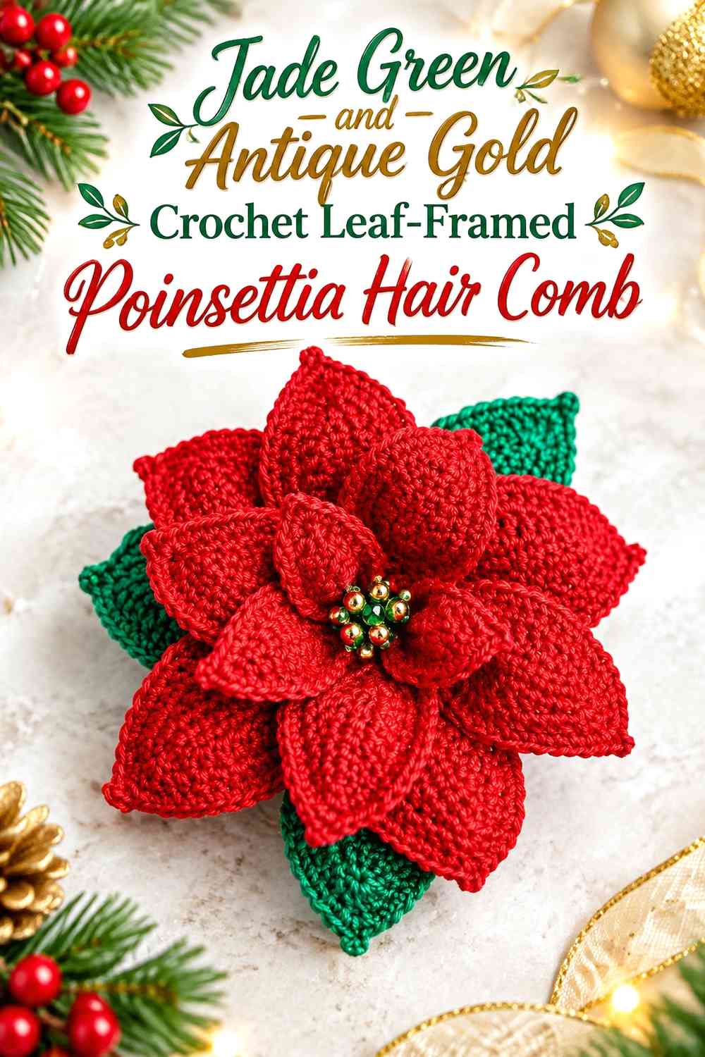 Jade Green and Antique Gold Crochet Leaf-Framed Poinsettia Hair Comb