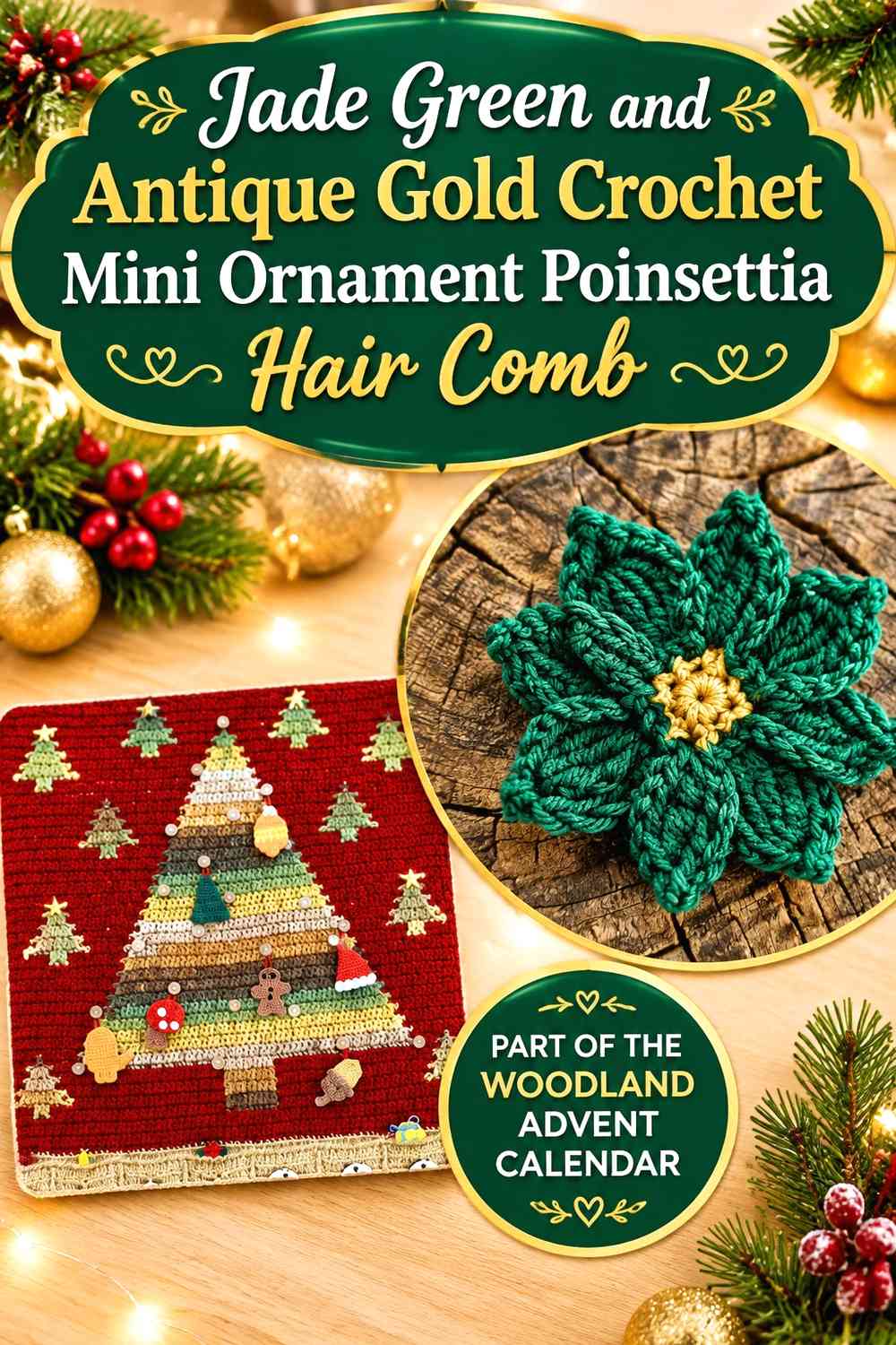 Jade Green and Antique Gold Crochet Mini Ornament Poinsettia Hair Comb