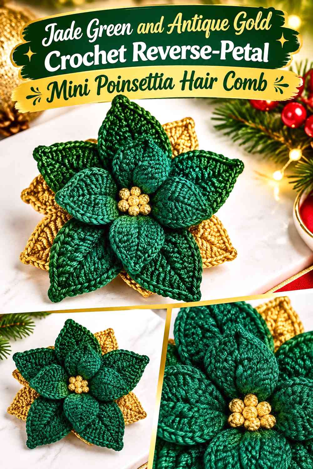 Jade Green and Antique Gold Crochet Reverse-Petal Mini Poinsettia Hair Comb