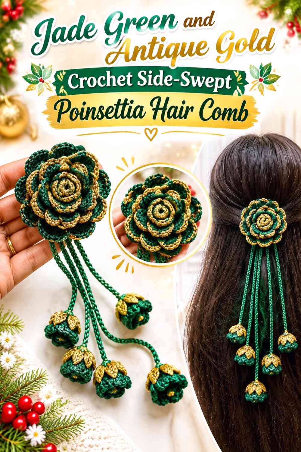 Jade Green and Antique Gold Crochet Side-Swept Poinsettia Hair Comb