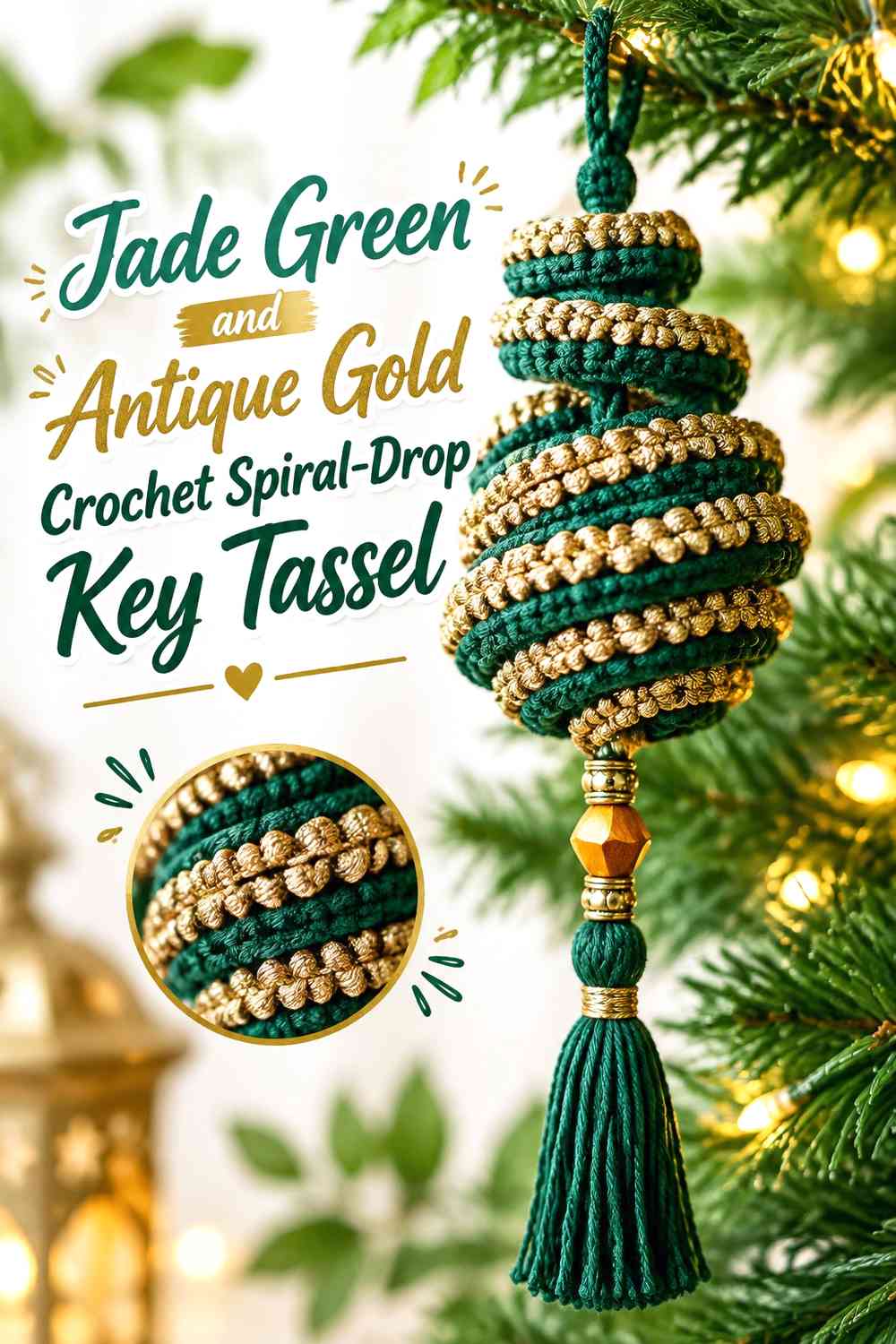 Jade Green and Antique Gold Crochet Spiral-Drop Key Tassel