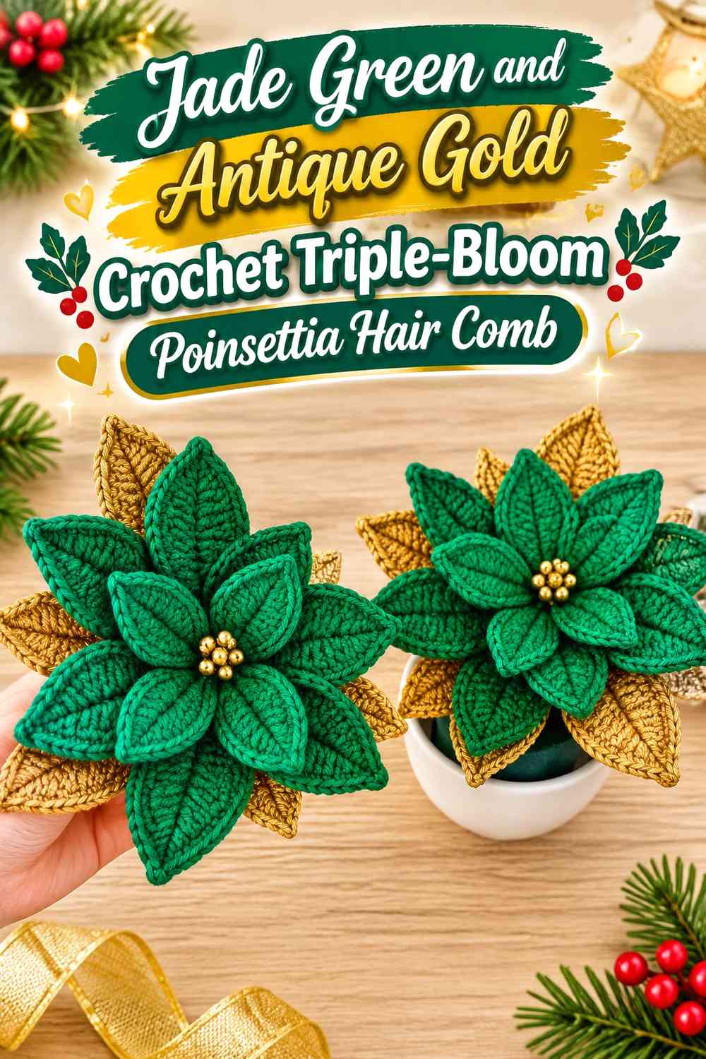 Jade Green and Antique Gold Crochet Triple-Bloom Poinsettia Hair Comb