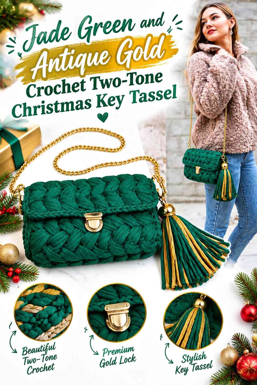 Jade Green and Antique Gold Crochet Two-Tone Christmas Key Tassel