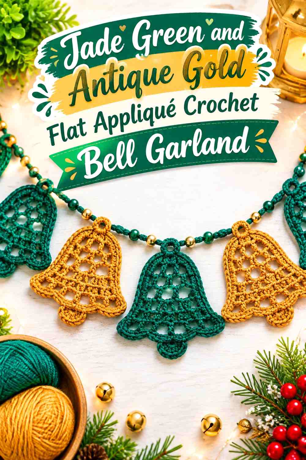 Jade Green and Antique Gold Flat Appliqué Crochet Bell Garland