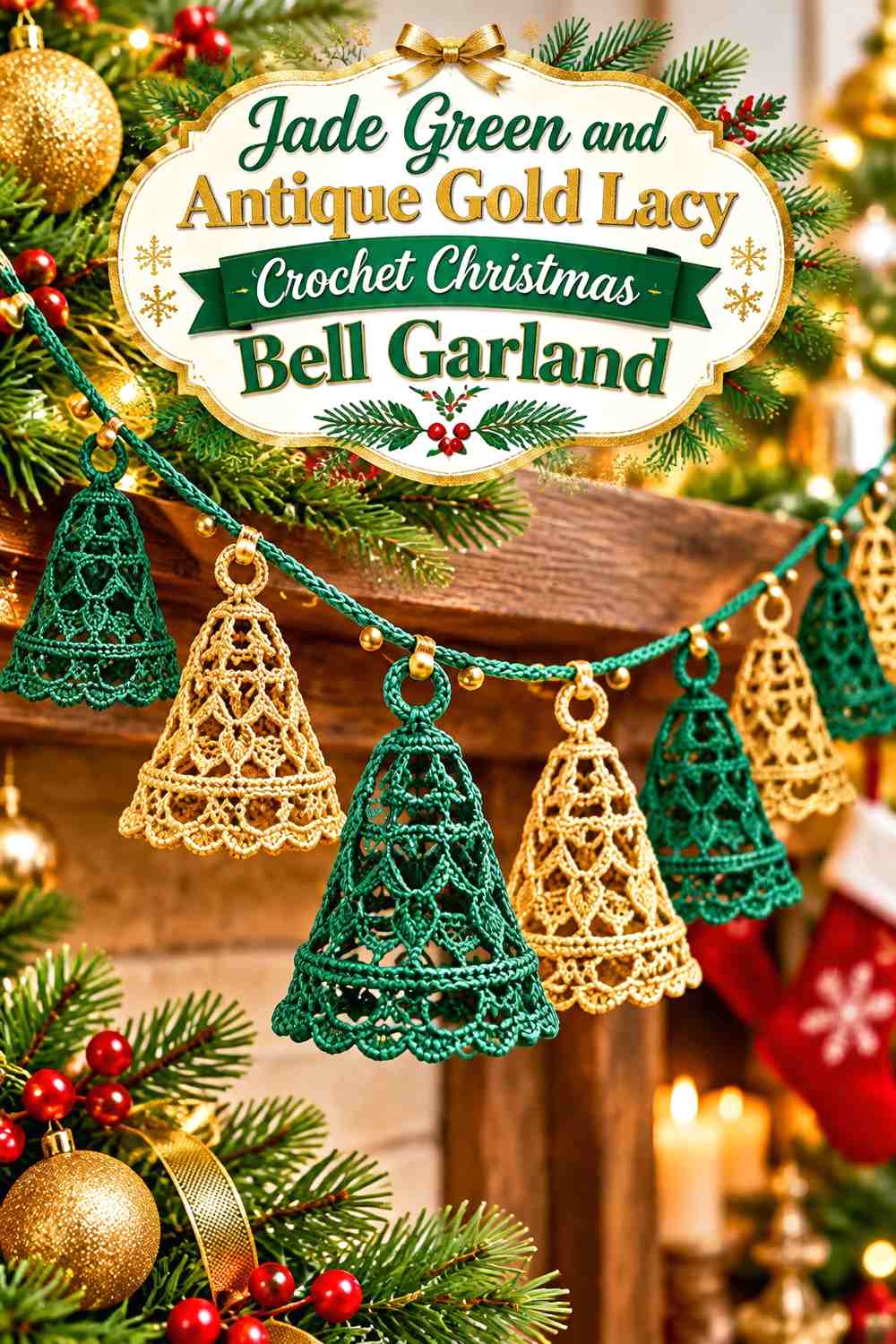 Jade Green and Antique Gold Lacy Crochet Christmas Bell Garland