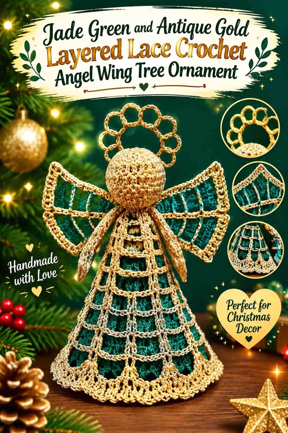 Jade Green and Antique Gold Layered Lace Crochet Angel Wing Tree Ornament